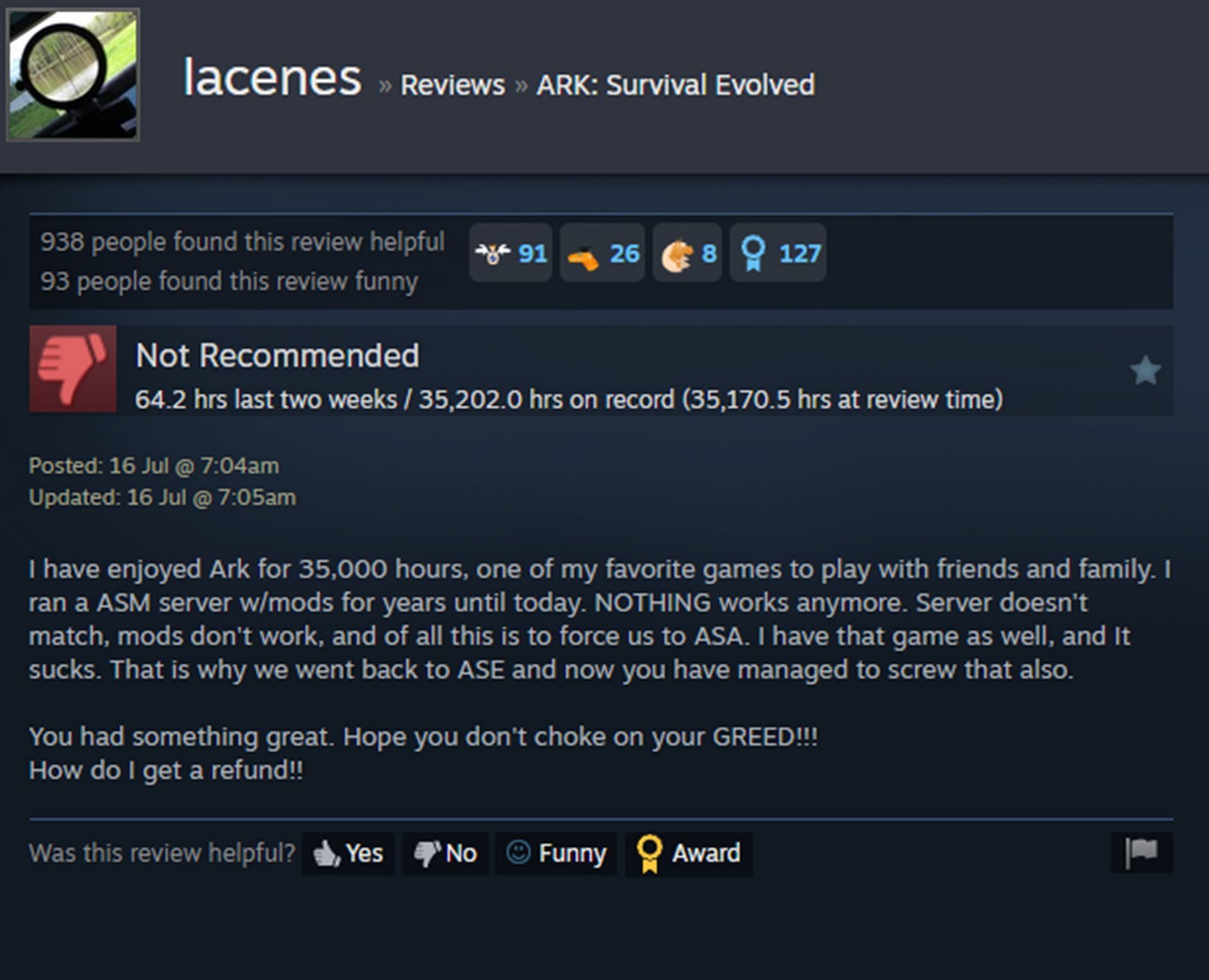 A refund after 35,000 hours? That's crazy! (Image via Steam)
